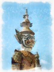 Obraz na płótnie Canvas Ancient giant statue in the Grand Palace, Bangkok watercolor style illustration impressionist painting.