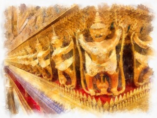 Landscape of the Grand Palace, Wat Phra Kaew in Bangkok watercolor style illustration impressionist painting.