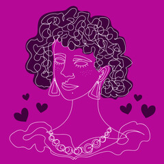 Girl in doodle style. Creative universal art backdrop on bright backdrop. Hand drawn textures. Outline illustration. Trendy graphic design for banner, poster, card, cover, invitation, placard.