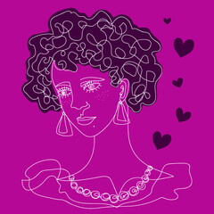 Girl in doodle style. Creative universal art backdrop on bright backdrop. Hand drawn textures. Outline illustration. Trendy graphic design for banner, poster, card, cover, invitation, placard.