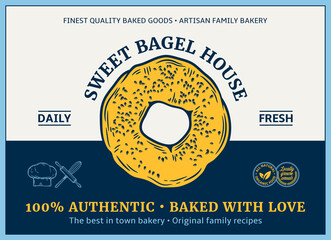 Bakery label and packaging design template for baked products branding and packaging. Vector bagel illustration