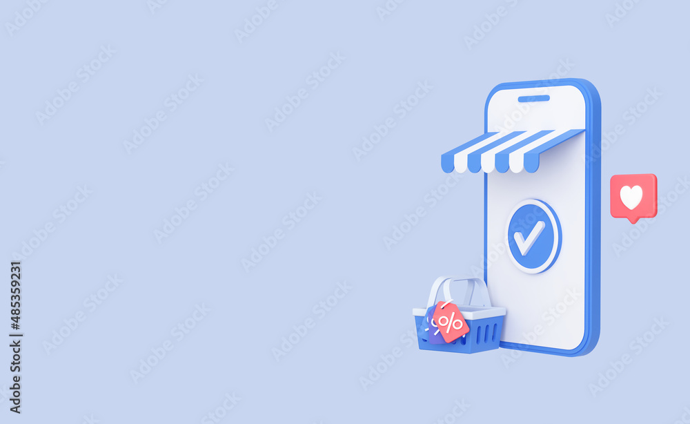 Aufkleber online store on screen mobile phone with basket. web mockup for shopping and purchases. banner templ