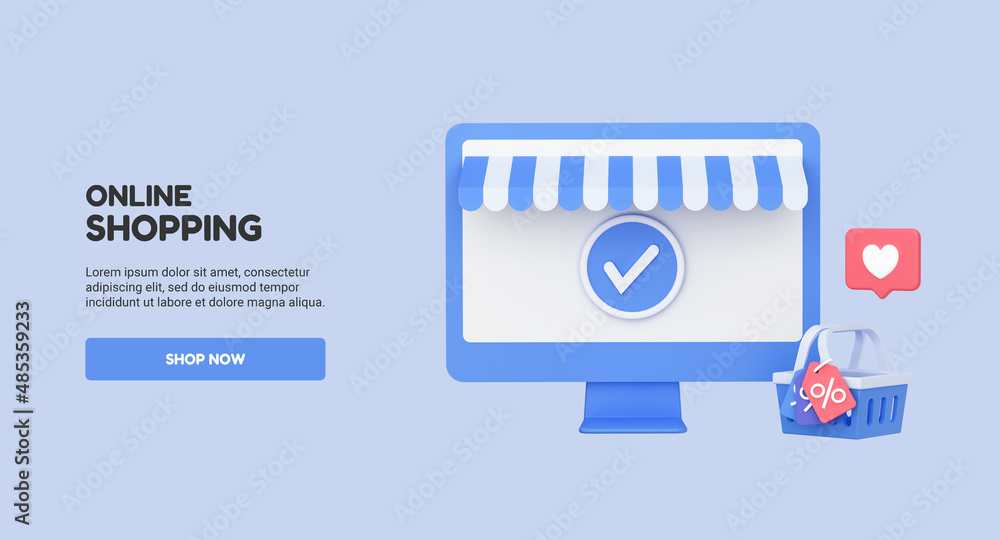 Poster online shopping banner template with computer monitor and shopping basket. web mockup for promotion.