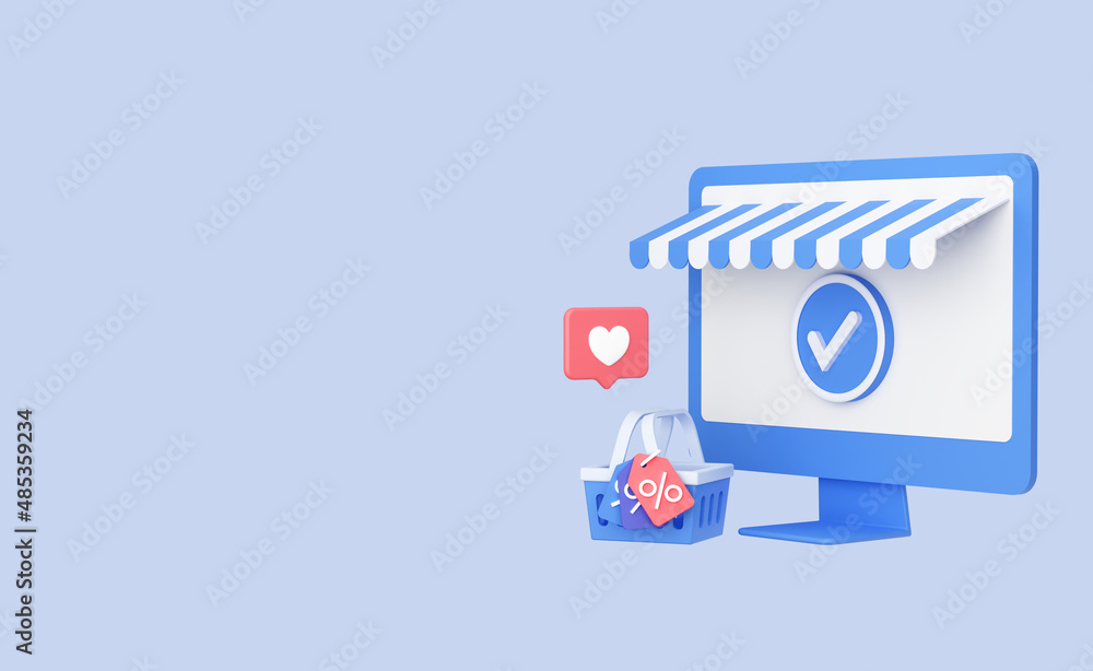Poster online store on computer monitor with basket. web mockup for shopping and purchases. banner template