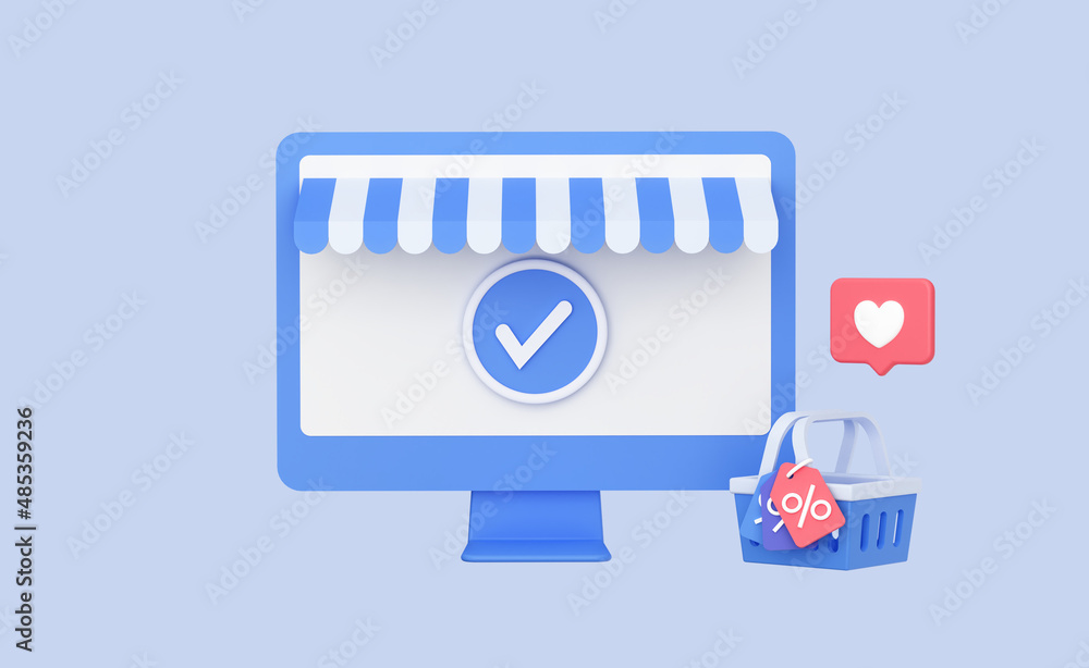 Aufkleber confirmed purchase order and payment. online shopping with computer and shopping basket. check mark 