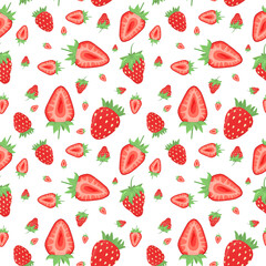 summer vector pattern with whole and cut strawberries on a white background