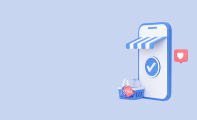 Online store on screen mobile phone with basket. Web Mockup for shopping and purchases. Banner template with empty copy space for promotion. 3D Rendering. Blue