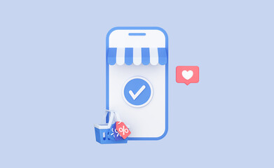 Online shopping with mobile phone and shopping basket. Confirmed purchase order and payment. Check mark on screen smartphone. 3D Rendering. Blue