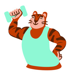 A strong tiger. Fitness tiger. Gym, sports activities. The symbol of the year is a tiger.