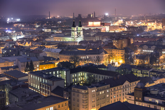 view from Nova Radnice lookout tower in city center of Ostrava, industry area Dolni Vitkovice in the background.