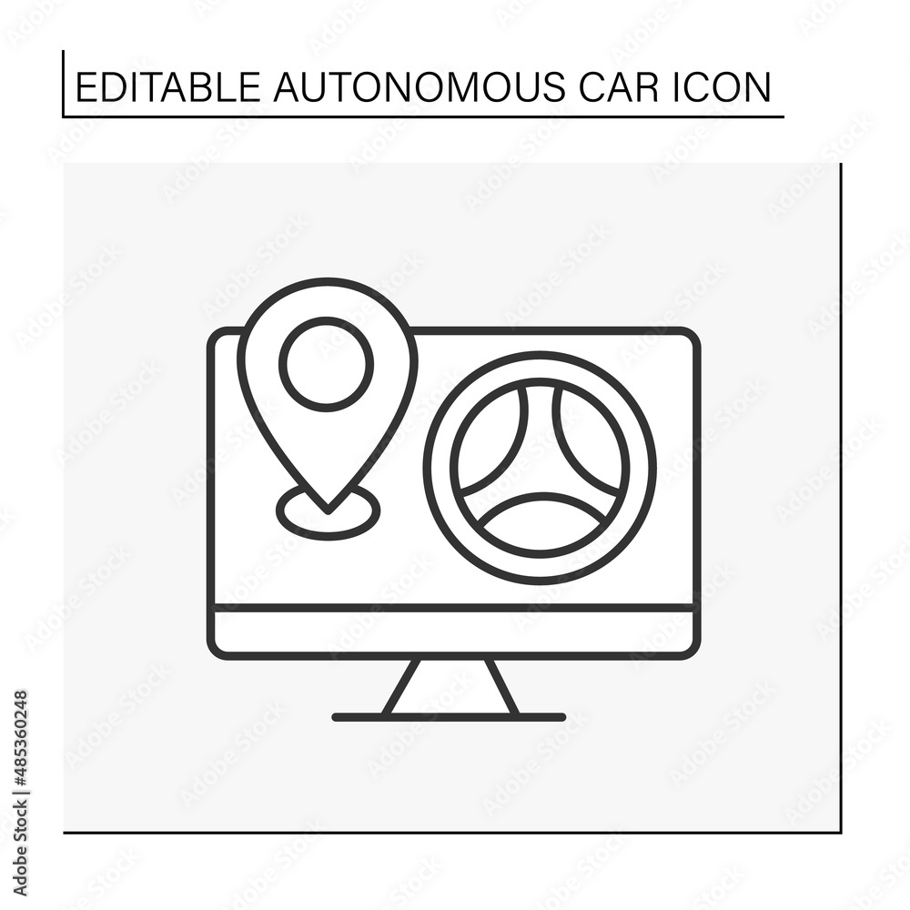 Poster control line icon. self-driving car controlled by wifi on computer. autopilot. track location. auton