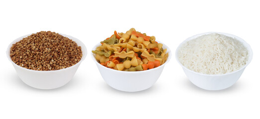 Colored pasta,rice and buckwheat  in a bowl isolated on a white background.  Set of full white bowl