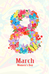 invitation card with floral eight figure of colorful flowers and