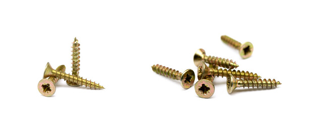 Scattered wood screws isolated on white background