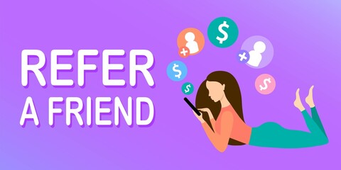 Refer a friend. Referral Program. Bonus reward. Girl using smartphone. Social media. Young woman holding smartphone in hands. Button icons flying out of mobile phone. Refer and earn