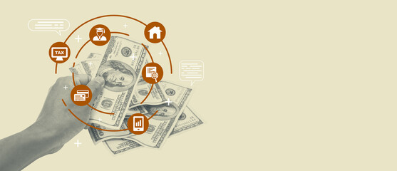 Hand holding 100 dollar bills with business infographic icon. Business financial concept