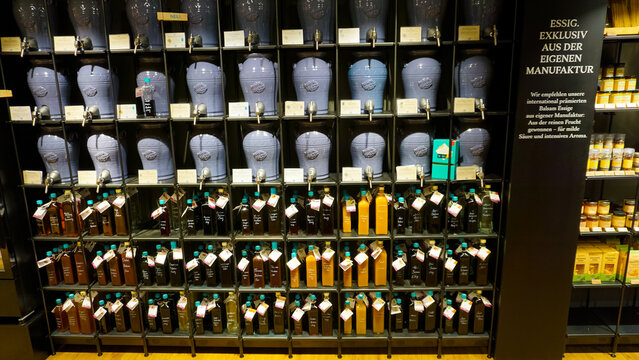 Display of various liquors in a german supermarket.