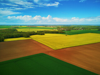 Obraz premium Aerial drone view of yellow rapeseed fields in Ile-de-France, France