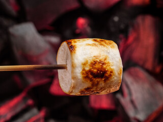 Baked marshmallows on a wooden stick over burning coals.Copy space.