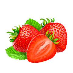 three strawberries and a cut off half, isolated on white