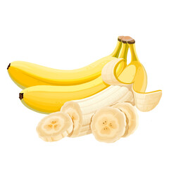 three bananas in peel and peeled, isolated on white background