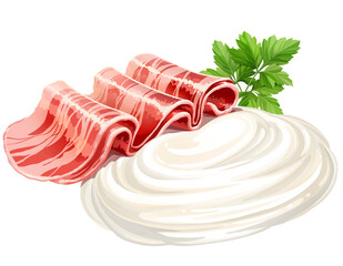 slices of bacon, sour cream or parsley cream cheese isolated on white
