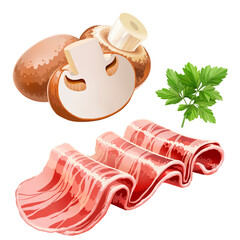 slices of bacon, champignons and parsley isolated on white