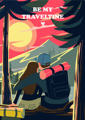 Be my traveltine greeting card with pink, green and yellow color and couple of lover who went on holiday at nature - 485363497