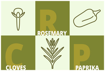 Herbs and spices line icon set. Rosemary, cloves, paprika signs with name text. Editable stroke symbols of food. 3 linear style olive colored design elements. Vector isolated - 485363613