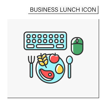 Balanced Nutrition Color Icon. Dinner At Work. Keyboard And Computer Mouse. Workplace. Snack. Business Lunch Concept. Isolated Vector Illustration