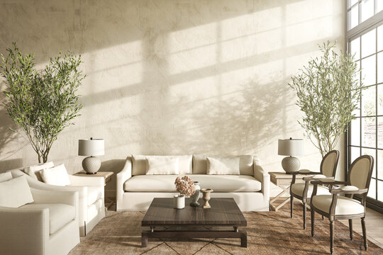 Fototapeta Modern Hampton style interior design in livingroom. Lighting and sunny house with large classic windows. Mock up wall. 3d render illustration.
