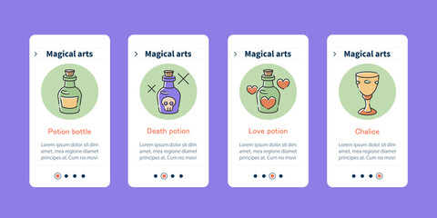 Magical arts onboarding mobile app screens. Potion bottle, poison, chalice. Rituals steps menu. Set of UI, UX, web template with RGB color linear icons