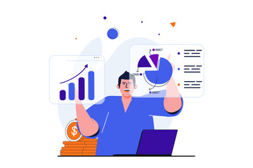 Fototapeta na wymiar Sales performance modern flat concept for web banner design. Man studies financial statistics on graph and company earnings on chart, works on screens. Vector illustration with isolated people scene