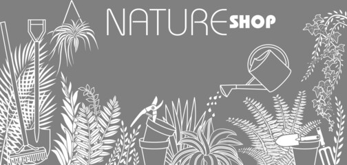 Auto collant pour décorer la vitrine de votre boutique de jardinage avec des silhouettes blanches de diverses plantes et outils de jardin. © ID-EasyDoor