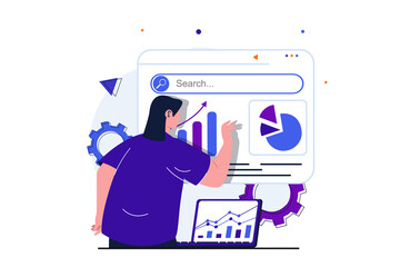 Sales performance modern flat concept for web banner design. Woman analyzes financial data on dashboard, works on laptop and studies profit statistics. Vector illustration with isolated people scene