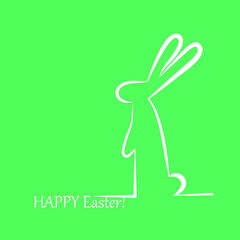 Happy Easter greeting card with bunny. Spring. Rabbit one line vector illustration on  mint green background