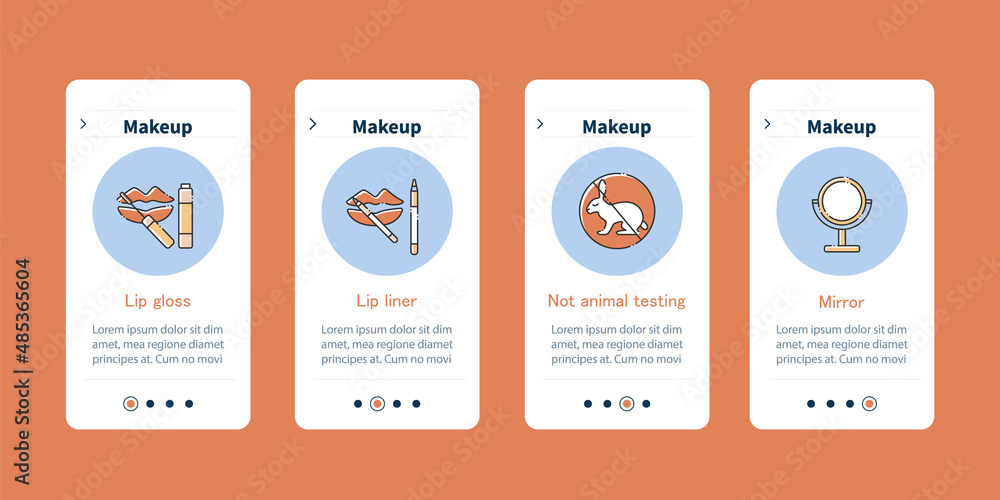 Poster makeup onboarding mobile app screens. lip gloss and linear, not animal testing and mirror. cosmetolo