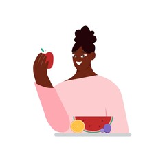 Black african woman eating apple and fruit. Flat vector illustation