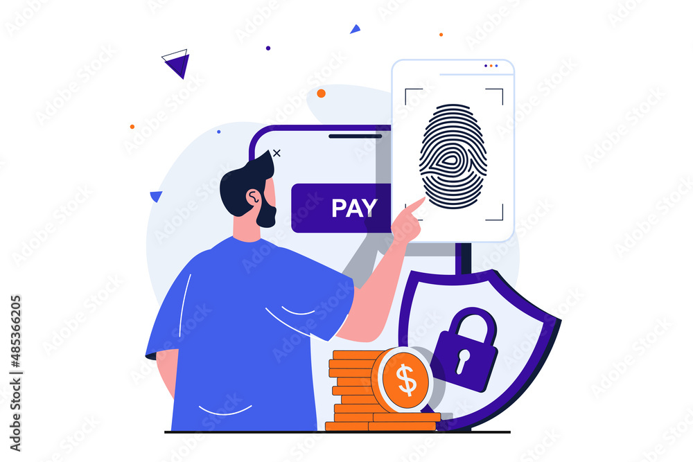 Aufkleber secure payment modern flat concept for web banner design. man makes online payment confirming his id