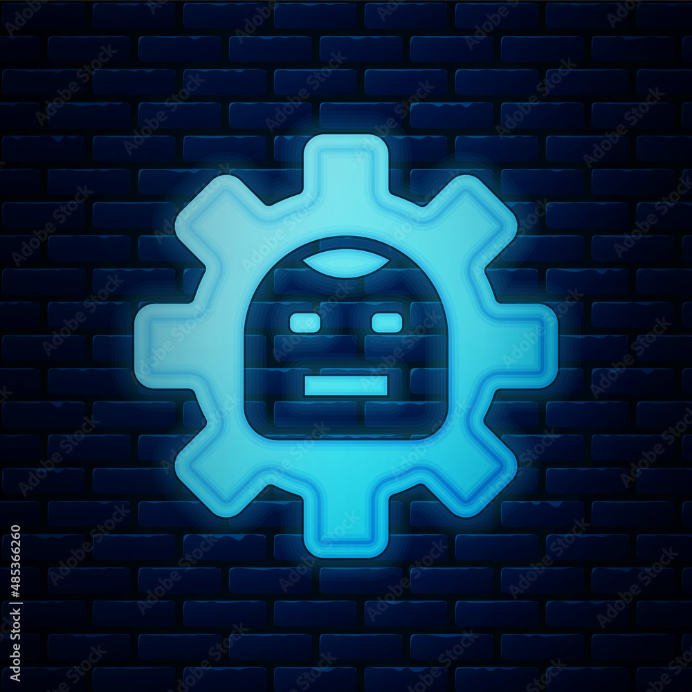 Aufkleber glowing neon robot icon isolated on brick wall background. artificial intelligence, machine learning