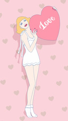 my valentine vintage pinup girl holding heart sign with love text, sweet and light pastel card print poster design