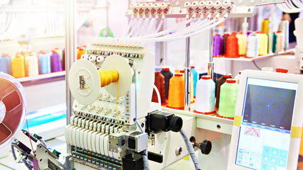 Industrial embroidery machines in sewing workshop