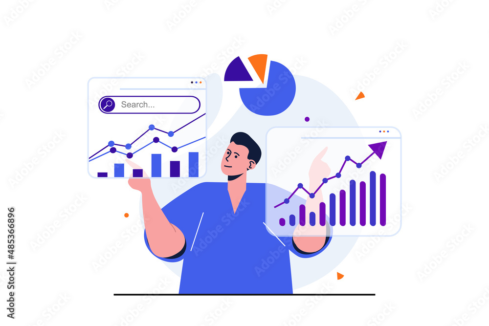 Poster Seo analysis modern flat concept for web banner design. Man analytic analyzes site data and studies graphs on screens and develops promotion strategy. Vector illustration with isolated people scene