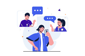 Social network modern flat concept for web banner design. Friends meet online using video calls in mobile application. Men and women communicates online. Vector illustration with isolated people scene