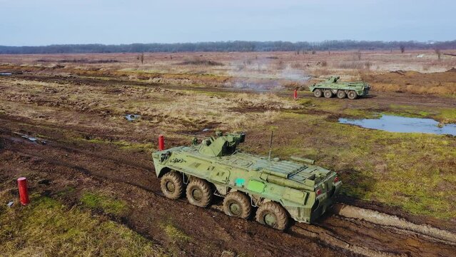 Armored personnel carrier BTR-82A in firing position. Target shooting