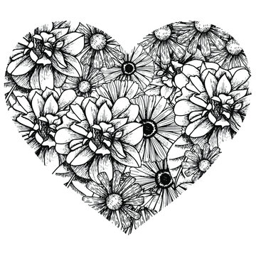 recommend clip art: heart with flowers drawn by hand for coloring on a white background, coloring vector