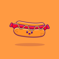 Cute cartoon hot dog in vector illustration. Isolated food vector. Flat cartoon style