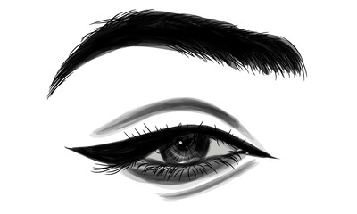  handmade female eye with perfect eyebrows and full eyelashes. The idea for business cards, vector typography.Perfect salon look.