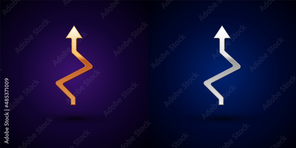 Poster gold and silver arrow icon isolated on black background. direction arrowhead symbol. navigation poin