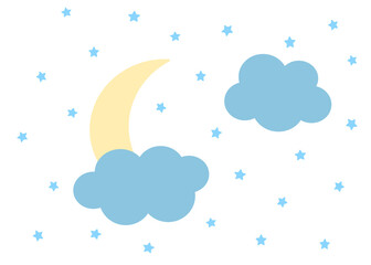 Night starry sky, moon and clouds. For banner, poster, flyer, postcard. Simple flat vector illustration